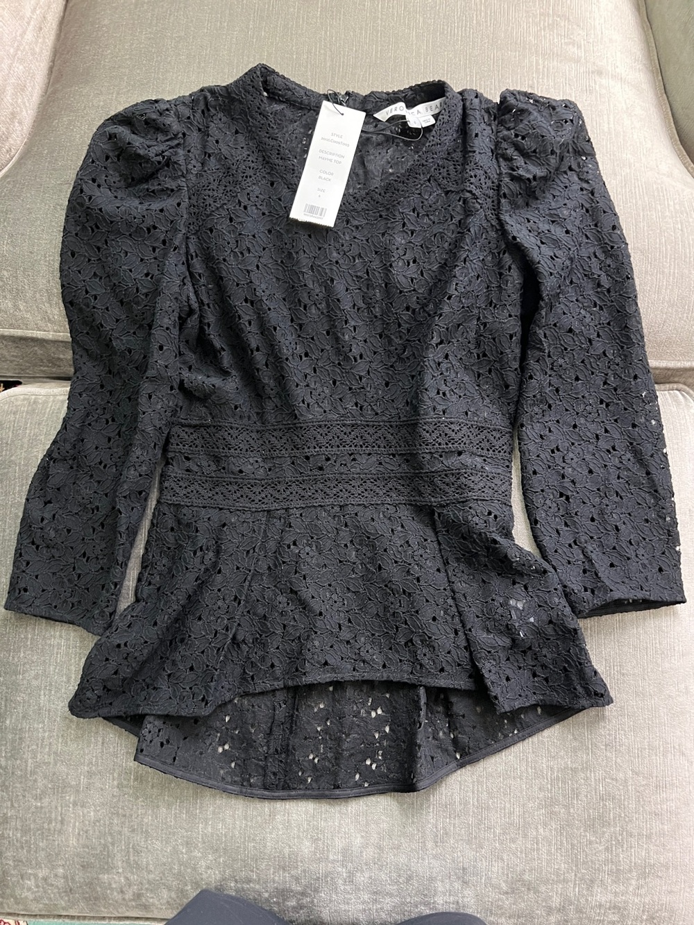 NWT Veronica Beard Mayme Black Lace Peplum Top Size 6 Puff Sleeve Blouse